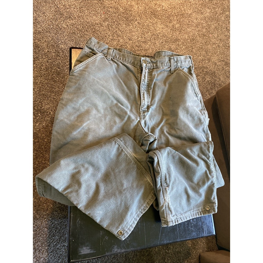 VTG Carhartt B111 Mos Canvas Flannel Lined Pants Work Distressed 38x30